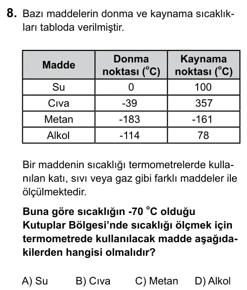 9, 10, 11. Sınıf Fen Bilimleri 2015 İOKBS Bursluluk Sınavı 8. Soru görseli