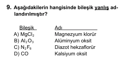 9, 10, 11. Sınıf Fen Bilimleri 2015 İOKBS Bursluluk Sınavı 9. Soru görseli