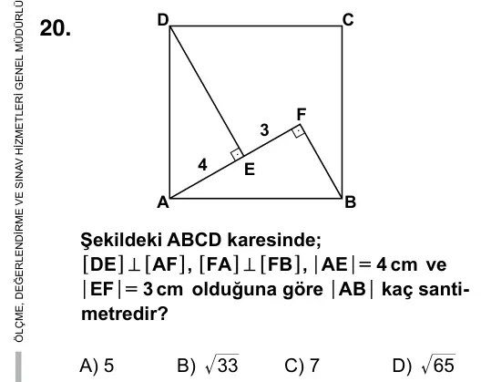 9, 10, 11. Sınıf Matematik 2015 İOKBS Bursluluk Sınavı 20. Soru görseli