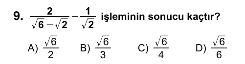 9, 10, 11. Sınıf Matematik 2015 İOKBS Bursluluk Sınavı 9. Soru görseli