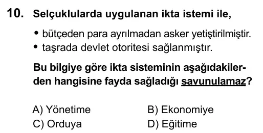 9, 10, 11. Sınıf Sosyal Bilgiler 2015 İOKBS Bursluluk Sınavı 10. Soru görseli