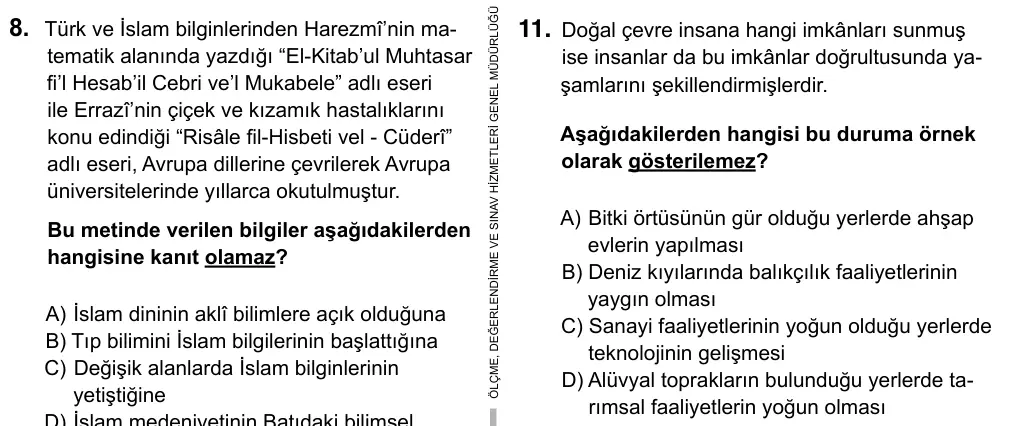 9, 10, 11. Sınıf Sosyal Bilgiler 2015 İOKBS Bursluluk Sınavı 11. Soru görseli