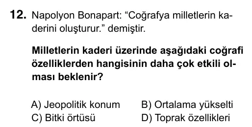 9, 10, 11. Sınıf Sosyal Bilgiler 2015 İOKBS Bursluluk Sınavı 12. Soru görseli (1/2)