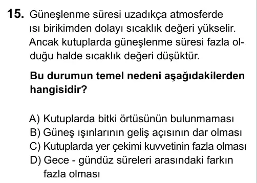 9, 10, 11. Sınıf Sosyal Bilgiler 2015 İOKBS Bursluluk Sınavı 15. Soru görseli