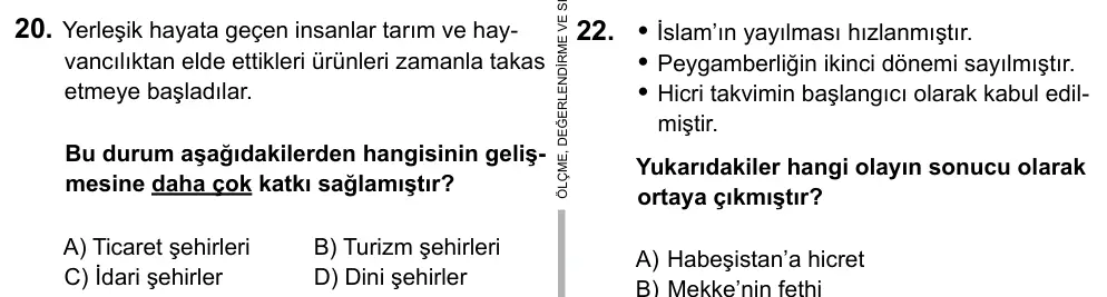 9, 10, 11. Sınıf Sosyal Bilgiler 2015 İOKBS Bursluluk Sınavı 20. Soru görseli (1/2)