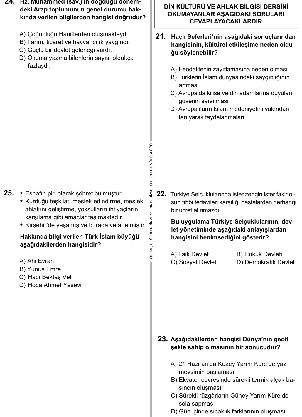 9, 10, 11. Sınıf Sosyal Bilgiler 2015 İOKBS Bursluluk Sınavı 25. Soru görseli (1/3)