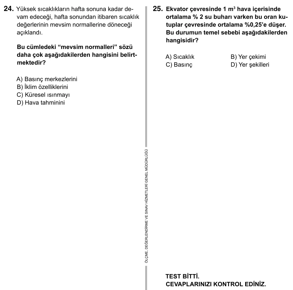 9, 10, 11. Sınıf Sosyal Bilgiler 2015 İOKBS Bursluluk Sınavı 25. Soru görseli (2/3)
