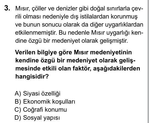9, 10, 11. Sınıf Sosyal Bilgiler 2015 İOKBS Bursluluk Sınavı 3. Soru görseli