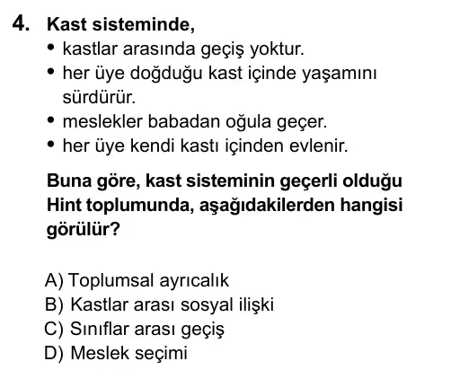 9, 10, 11. Sınıf Sosyal Bilgiler 2015 İOKBS Bursluluk Sınavı 4. Soru görseli