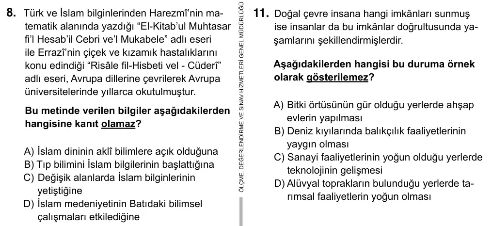 9, 10, 11. Sınıf Sosyal Bilgiler 2015 İOKBS Bursluluk Sınavı 8. Soru görseli