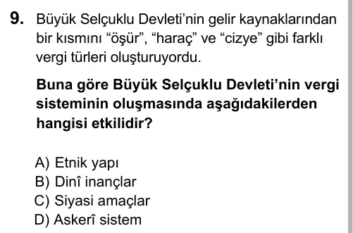 9, 10, 11. Sınıf Sosyal Bilgiler 2015 İOKBS Bursluluk Sınavı 9. Soru görseli