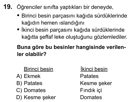 5. Sınıf Fen Bilimleri 2016 İOKBS Bursluluk Sınavı 19. Soru görseli
