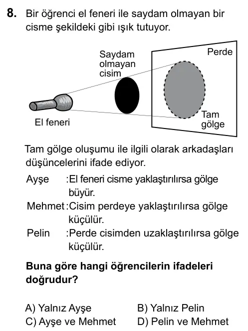 5. Sınıf Fen Bilimleri 2016 İOKBS Bursluluk Sınavı 8. Soru görseli