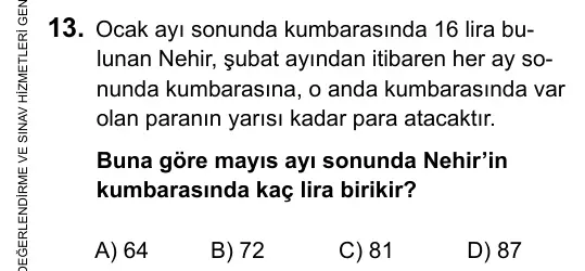 5. Sınıf Matematik 2016 İOKBS Bursluluk Sınavı 13. Soru görseli