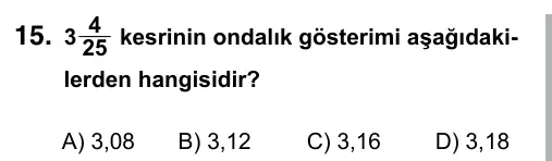 5. Sınıf Matematik 2016 İOKBS Bursluluk Sınavı 15. Soru görseli