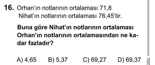 5. Sınıf Matematik 2016 İOKBS Bursluluk Sınavı 16. Soru görseli