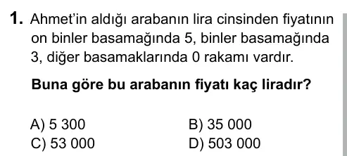 5. Sınıf Matematik 2016 İOKBS Bursluluk Sınavı 1. Soru görseli