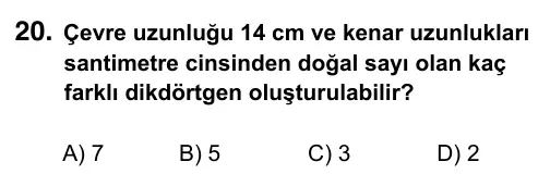 5. Sınıf Matematik 2016 İOKBS Bursluluk Sınavı 20. Soru görseli