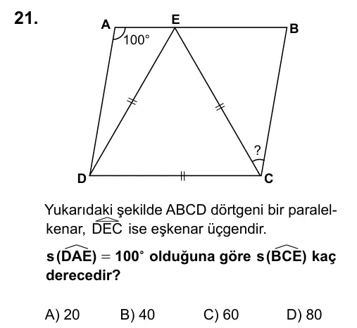 5. Sınıf Matematik 2016 İOKBS Bursluluk Sınavı 21. Soru görseli