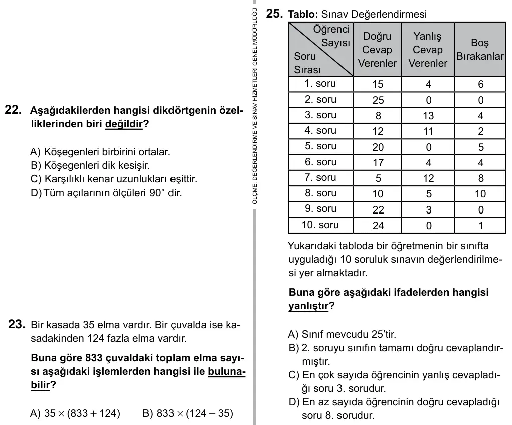 5. Sınıf Matematik 2016 İOKBS Bursluluk Sınavı 25. Soru görseli