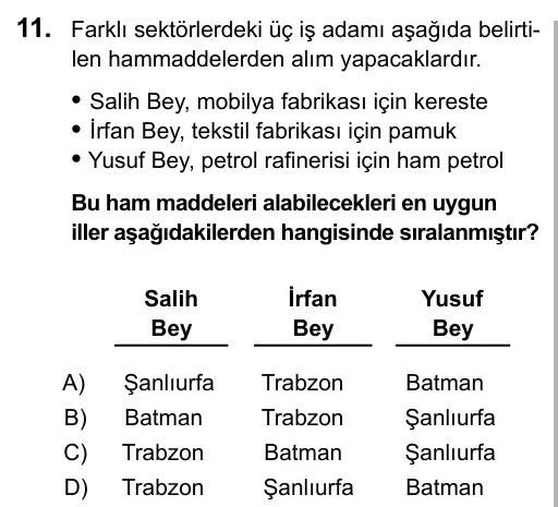 5. Sınıf Sosyal Bilgiler 2016 İOKBS Bursluluk Sınavı 11. Soru görseli