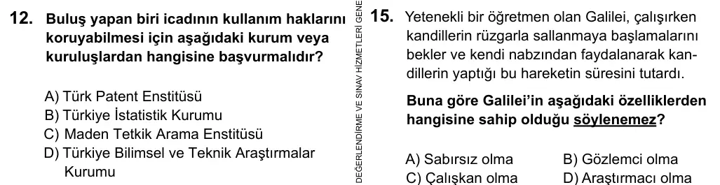 5. Sınıf Sosyal Bilgiler 2016 İOKBS Bursluluk Sınavı 12. Soru görseli