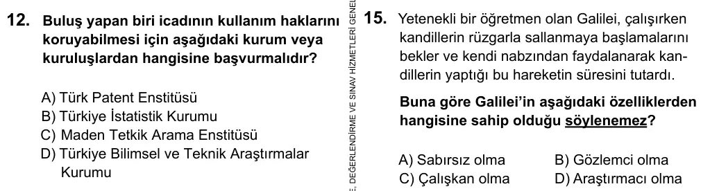 5. Sınıf Sosyal Bilgiler 2016 İOKBS Bursluluk Sınavı 15. Soru görseli