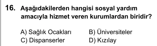5. Sınıf Sosyal Bilgiler 2016 İOKBS Bursluluk Sınavı 16. Soru görseli