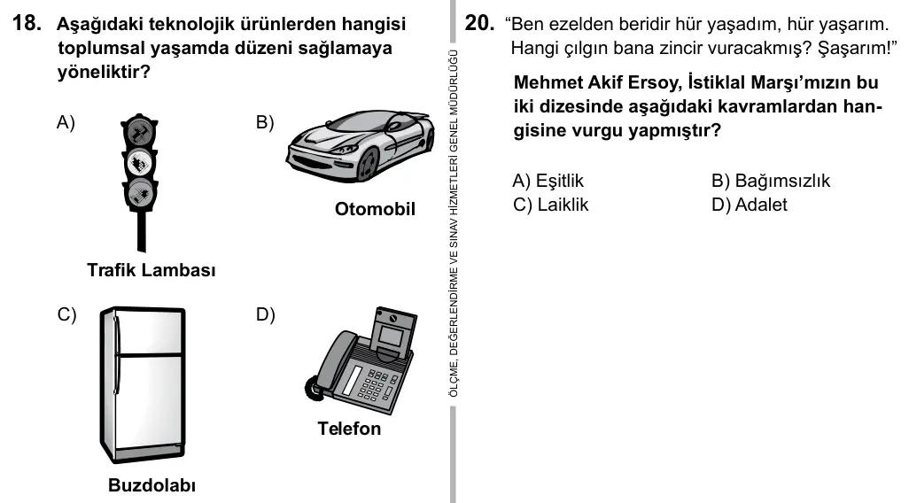 5. Sınıf Sosyal Bilgiler 2016 İOKBS Bursluluk Sınavı 18. Soru görseli