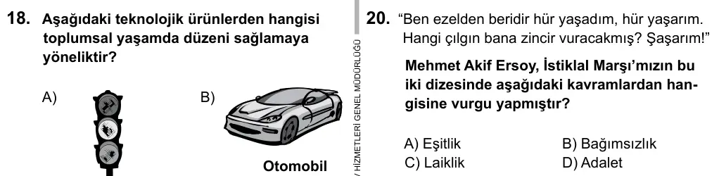 5. Sınıf Sosyal Bilgiler 2016 İOKBS Bursluluk Sınavı 20. Soru görseli (1/2)