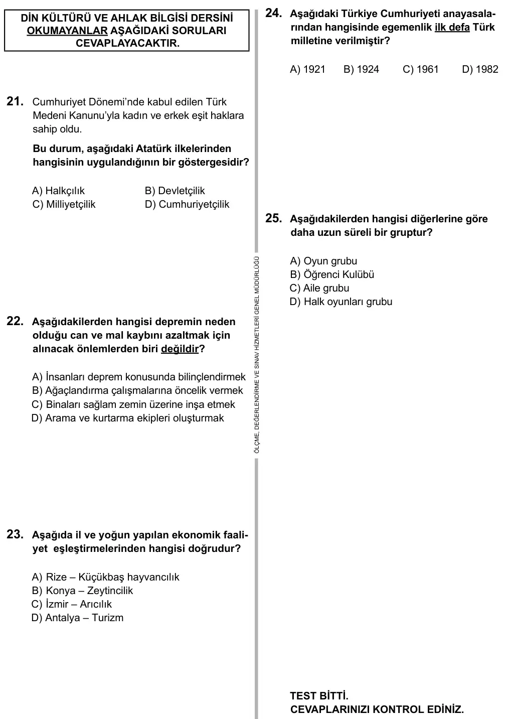 5. Sınıf Sosyal Bilgiler 2016 İOKBS Bursluluk Sınavı 25. Soru görseli (2/3)