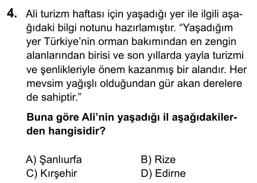 5. Sınıf Sosyal Bilgiler 2016 İOKBS Bursluluk Sınavı 4. Soru görseli