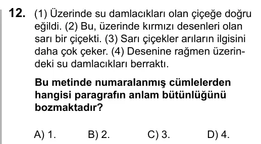 5. Sınıf Türkçe 2016 İOKBS Bursluluk Sınavı 12. Soru görseli