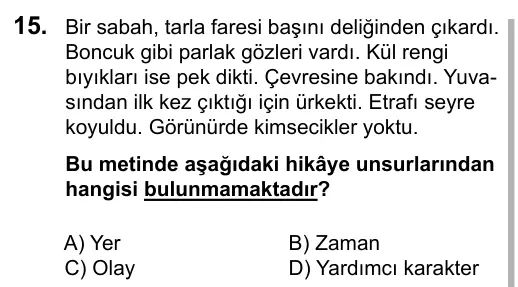 5. Sınıf Türkçe 2016 İOKBS Bursluluk Sınavı 15. Soru görseli