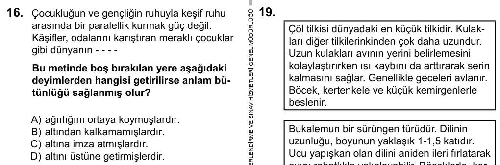 5. Sınıf Türkçe 2016 İOKBS Bursluluk Sınavı 16. Soru görseli