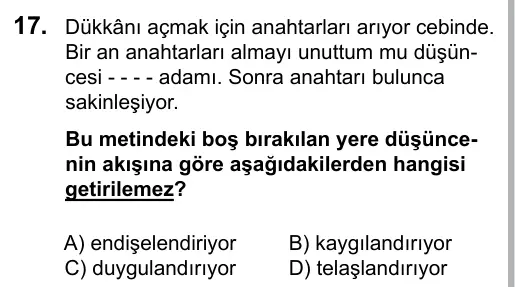 5. Sınıf Türkçe 2016 İOKBS Bursluluk Sınavı 17. Soru görseli