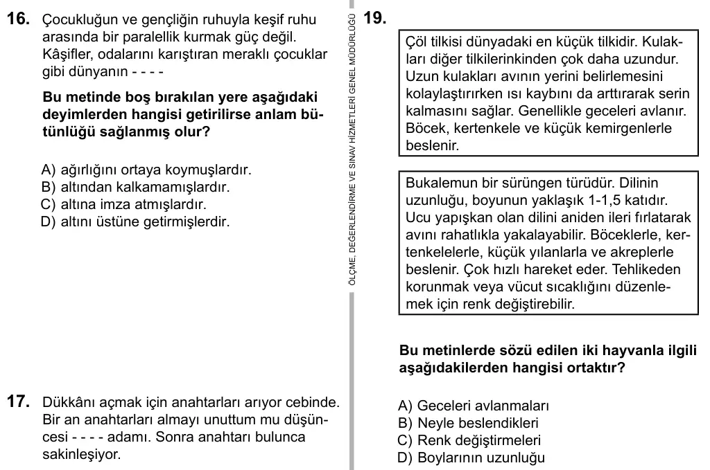 5. Sınıf Türkçe 2016 İOKBS Bursluluk Sınavı 19. Soru görseli