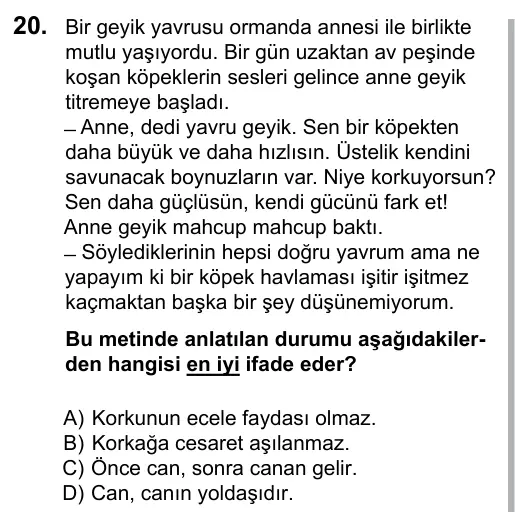 5. Sınıf Türkçe 2016 İOKBS Bursluluk Sınavı 20. Soru görseli