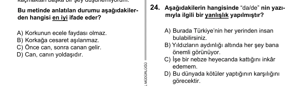 5. Sınıf Türkçe 2016 İOKBS Bursluluk Sınavı 24. Soru görseli