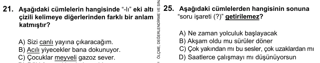5. Sınıf Türkçe 2016 İOKBS Bursluluk Sınavı 25. Soru görseli