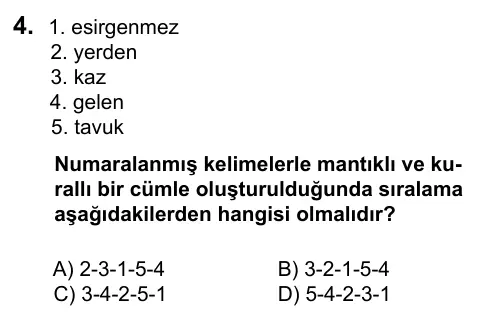 5. Sınıf Türkçe 2016 İOKBS Bursluluk Sınavı 4. Soru görseli