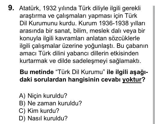 5. Sınıf Türkçe 2016 İOKBS Bursluluk Sınavı 9. Soru görseli