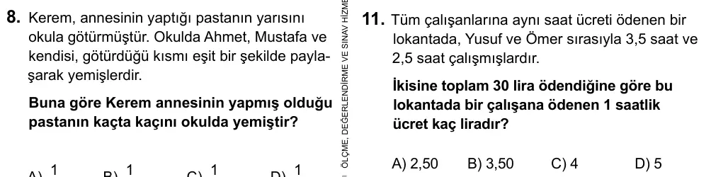 6. Sınıf Matematik 2016 İOKBS Bursluluk Sınavı 11. Soru görseli