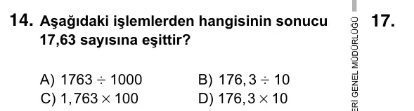6. Sınıf Matematik 2016 İOKBS Bursluluk Sınavı 14. Soru görseli