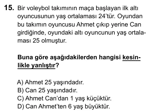 6. Sınıf Matematik 2016 İOKBS Bursluluk Sınavı 15. Soru görseli