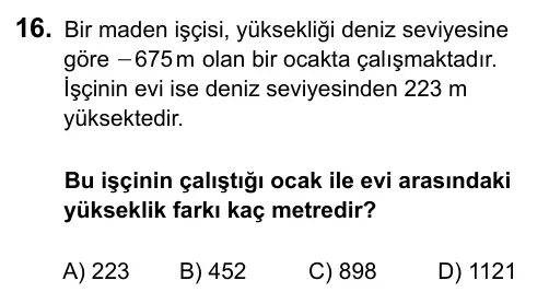6. Sınıf Matematik 2016 İOKBS Bursluluk Sınavı 16. Soru görseli