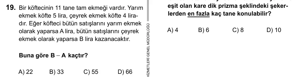 6. Sınıf Matematik 2016 İOKBS Bursluluk Sınavı 19. Soru görseli