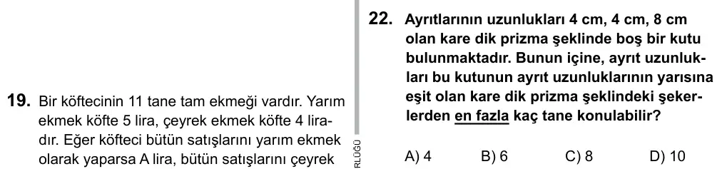 6. Sınıf Matematik 2016 İOKBS Bursluluk Sınavı 22. Soru görseli