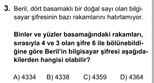6. Sınıf Matematik 2016 İOKBS Bursluluk Sınavı 3. Soru görseli