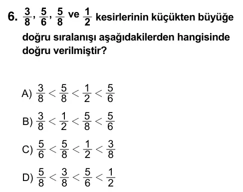6. Sınıf Matematik 2016 İOKBS Bursluluk Sınavı 6. Soru görseli